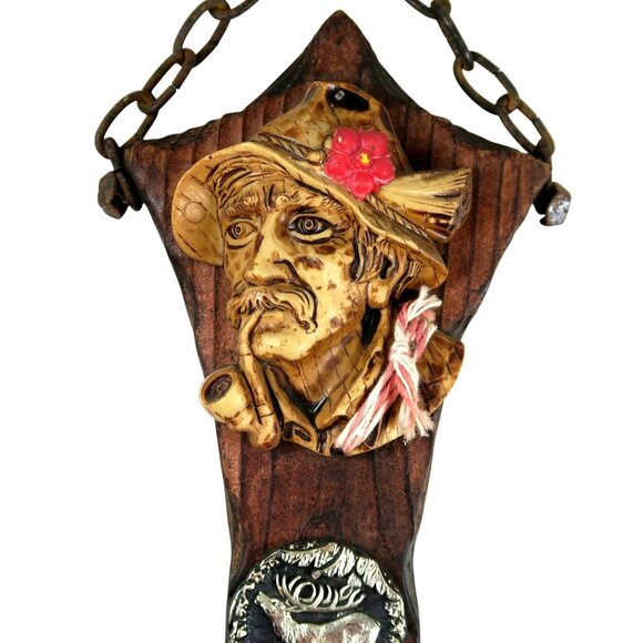 1970s Folk Art Key Rack – Alpine Bust, Buck Medallion, Bell, Rustic Wood - Picture 2 of 6